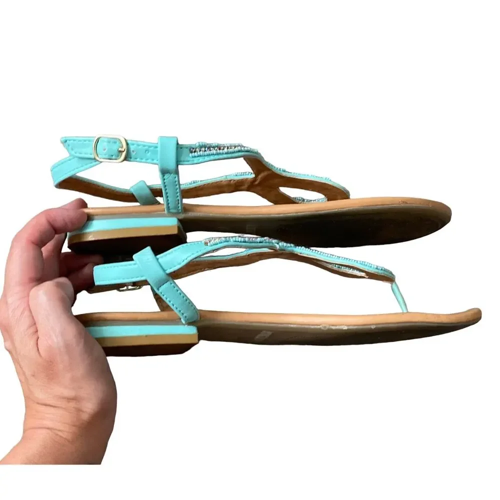 Maurices Sandals Womens Size 7 Sea Green Beaded Thong Ankle Strap Flats Shoes